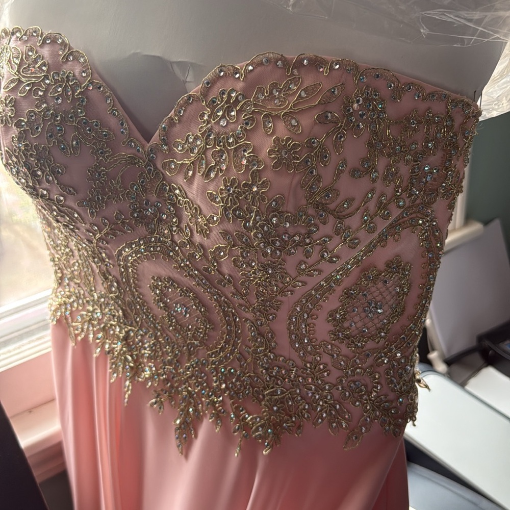 Elegant Pink Gown with Gold Embellishments